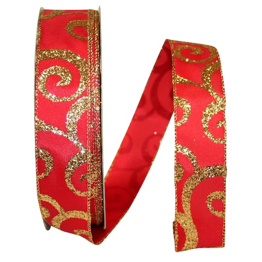 JAM Paper 1.5&#x22; x 50yd. Red &#x26; Gold Scroll Wired Glitter Ribbon